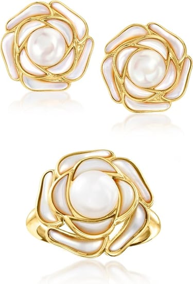 Floral Jewelry : Mother-Of-Pearl and 6-7.5mm Cultured Pearl Jewelry Set: Flower Earrings and Ring in 18kt Gold Over Sterling