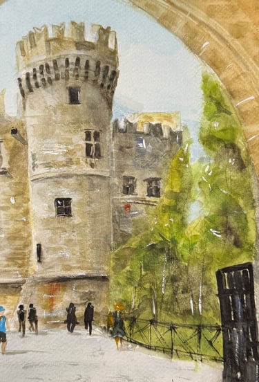 a painting of a castle in Rhodes with a tower in the background