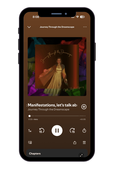 a phone screen showing a picture of a woman in a dress on a spotify podcast