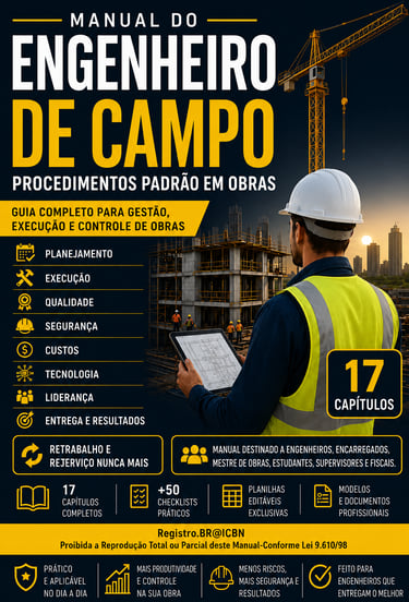 Manual do Engenheiro de Campo poster featuring a civil engineer using a tablet at a construction site.