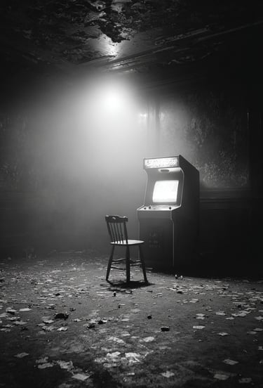 Vecchia sala giochi abbandonata con un misterioso cabinato arcade senza nome acceso al centro