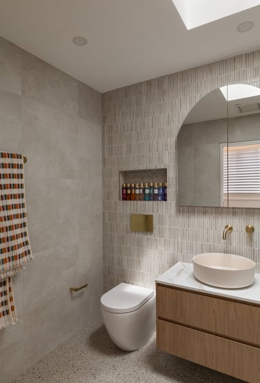 salle de bain, luxe, lumière douce, matériaux