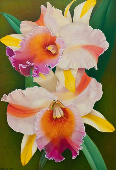Large-scale orchid painting by Christine Knize, Orchidelirium series, 72 x48, contemporary realism