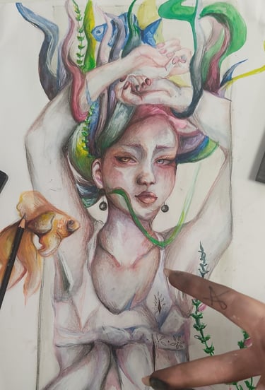 Original watercolour painting by the artist Angelina.N ArtNess. Watercolour with mixed media. Neon mermaid drawing. ArtNess