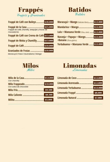 Frappeés y Batidos Menu Café y Macadamia Armenia Quindío