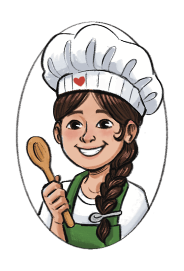 A young girl wearing a white chef's hat, dark brown hair with one long braid, holding a wooden spoon