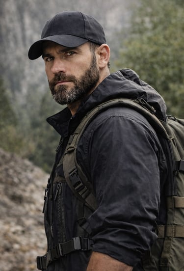 Bearded man in black tactical outdoor gear and baseball cap hiking with a green rucksack.