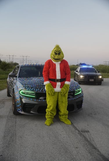 The Grinch in a Santa suit standing by a Dodge Charger with Christmas lights and a police car behind it.