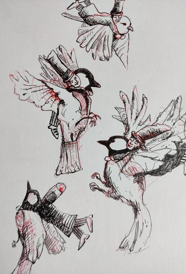 Birds with little men - Rens Muskens - Pastel on paper - Art - painting - handcraft - kunst