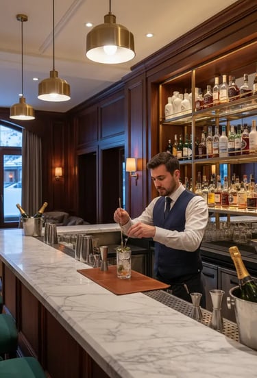A professional bartender crafting a cocktail in an elegant, wood-paneled mountain bar with marble co