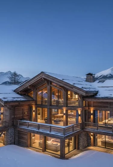 A luxury wooden ski chalet illuminated at dusk, surrounded by deep snow in the French Alps.