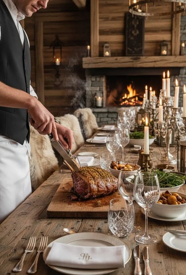 A professional waiter carving a roast at a beautifully set wooden dining table in a cozy mountain lo