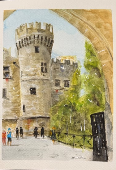 a painting of a castle in Rhodes with a tower in the background