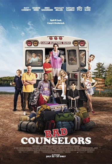 Movie poster for Bad Counselors featuring a diverse cast standing in front of a white school bus at a summer camp.