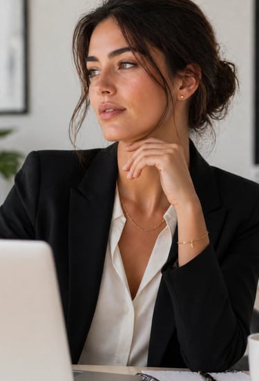 Professional woman in a black blazer and gold jewelry working on a laptop at a desk.