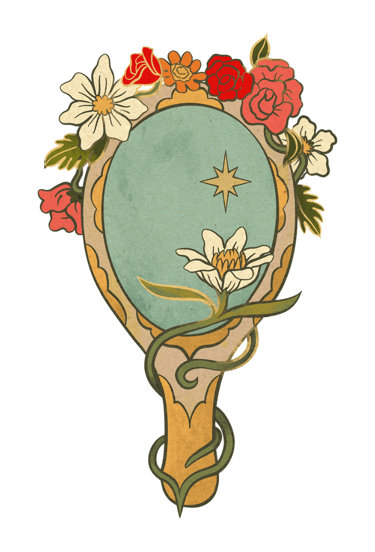 A hand mirror with floral decoration