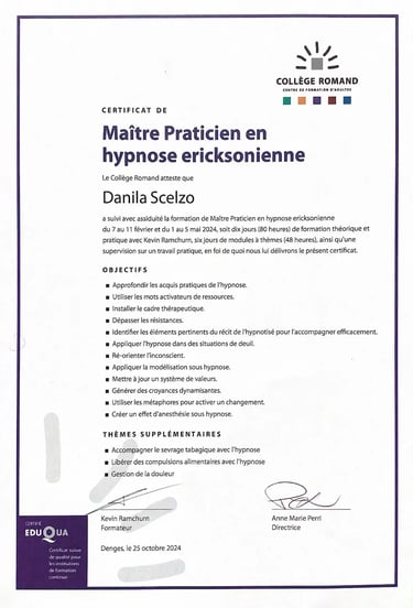 Diplôme de Maître Praticien en hypnose ericksonienne du Collège Romand – Danila Scelzo, cabinet Hypnonaute à Genève, ASCA.