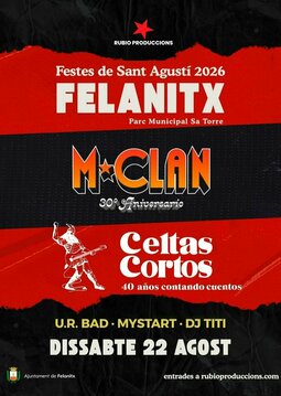 Poster for Festes de Sant Agustí 2026 in Felanitx featuring M-Clan and Celtas Cortos live concert.