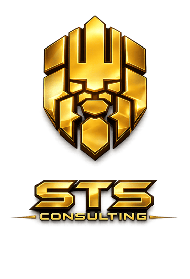 STS Consulting professional gold metallic logo featuring a geometric shield and bold business branding.