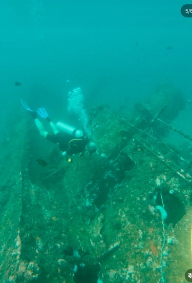 A scuba diver explores a rusted shipwreck on the ocean floor surrounded by marine life.