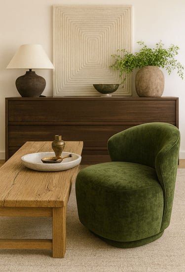 Custom green upholstered accent chair with a curved back beside a wood coffee table