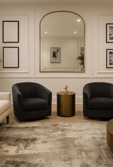 Matching pair of black upholstered accent chairs arranged around a small side table in a living room