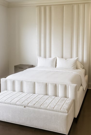 Custom upholstered wall panel bed with matching bench by Solo Home Decor
