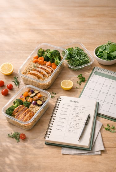 planificación de comidas saludables con recipientes de meal prep que incluyen pollo a la parrilla, q