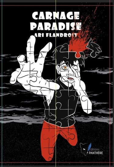 Couverture du thriller Carnage Paradise par Ari Flandroit, le personnage semble appeler à l'aide