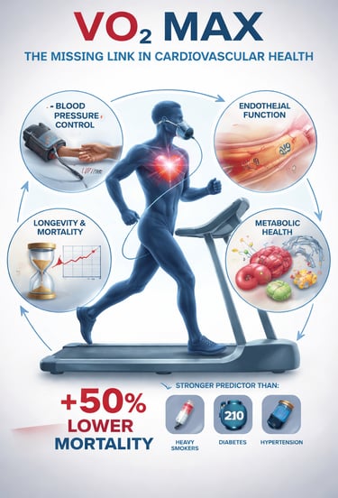 Infographic showing how VO2 max fitness levels impact cardiovascular health, longevity, and metabolic function.