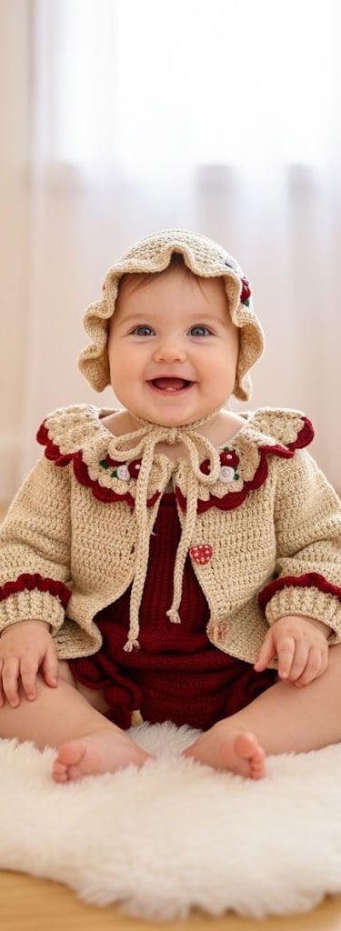 Smiling baby girl wearing a handmade crochet beige cardigan and matching ruffle bonnet on a white rug.