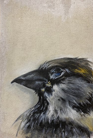 Painting of the head of a deceased sparrow.