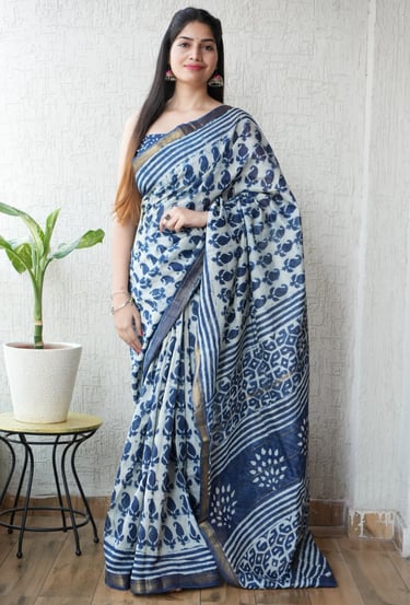 Natural indigo dyed Maheshwari silk saree with hand block print