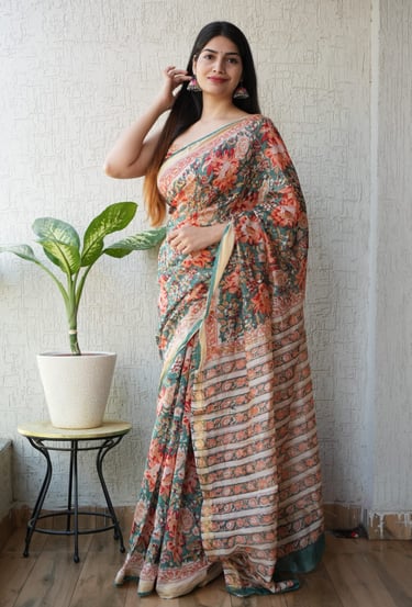 Luxury rapid print Maheshwari silk saree in contemporary traditional design