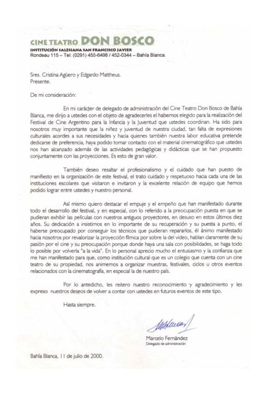 Carta Cine Teatro Don Bosco - Bahia Blanca - Bs. As.