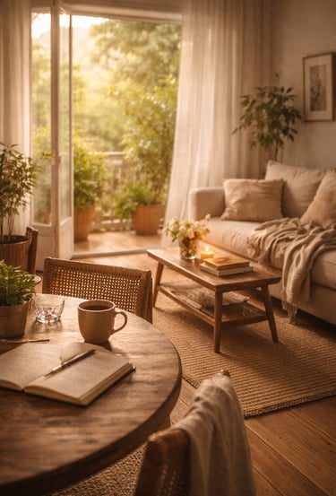 Uma sala de estar conjugada com uma copa simbolizando a prática viva, o cotidiano.