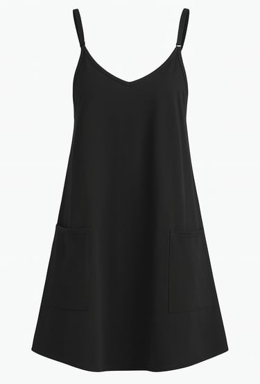 black sleeveless slip dress with thin straps on a white background
