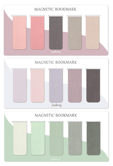 Set of 15 magnetic bookmarks in soft pink, purple, and green tones.