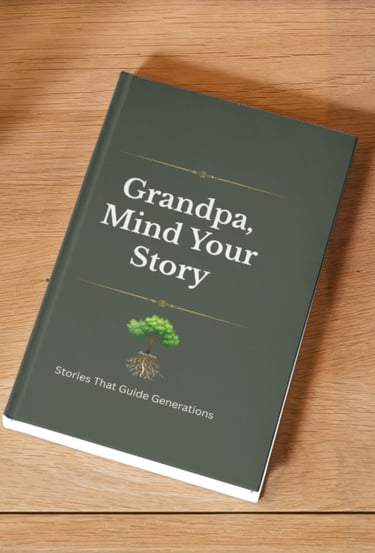 Grandpa, Mind Your Story legacy journal with a family tree icon on a wooden table.