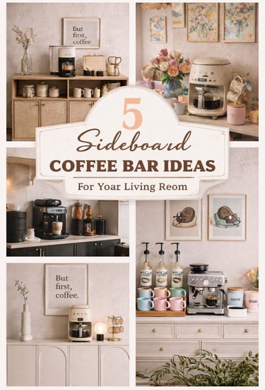 A collage showing five stylish sideboard coffee bar ideas for living room home decor.