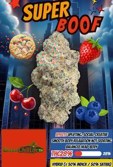 Strawberry Skunk cannabis flower with fruity aromatic notes, shown for legal access in Thailand.