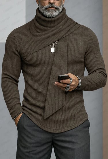 A man wearing a stylish brown ribbed turtleneck sweater with a unique scarf detail and accessories.