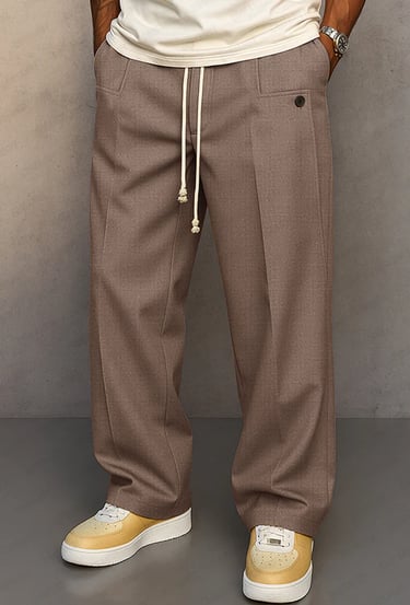 Men's brown wide-leg dress pants with drawstring waist and pleated details for a casual smart look.