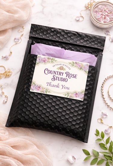 Handmade jewelry packaging featuring a black bubble mailer with a floral Country Rose Studio thank you card.