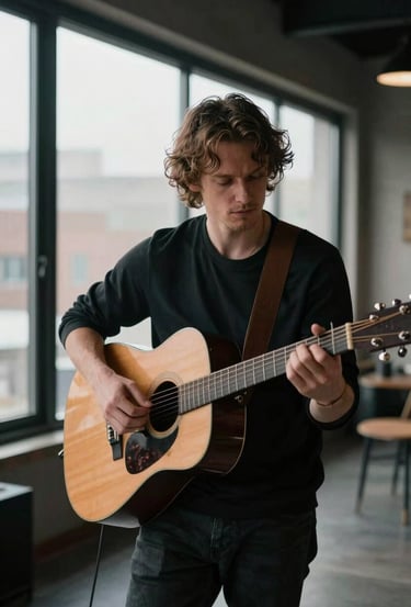 An intimate portrait of a male acoustic musician playing a guitar in a modern, moody loft space with large windows, North American setting.