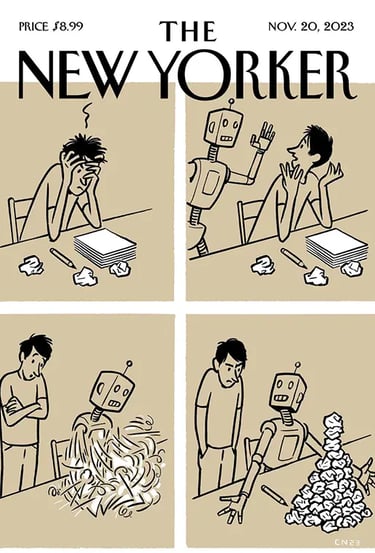 New Yorker cover from November 20, 2023, cartoon of robot helping a writer.