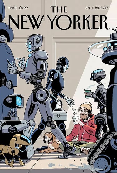 New Yorker cover, October 23, 2017, robots on way to work donating gears to homeless human.