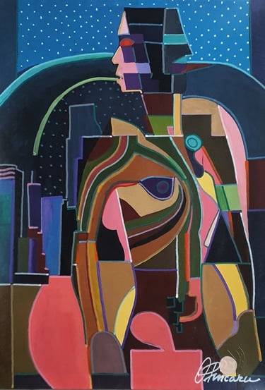 Kubistisch-figuratives Frauenprofil mit Halo vor Sternhimmel – Feminine Majestät I, 30×42 cm