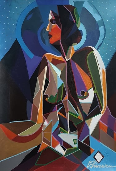 Kubistisch-figuratives Frauenprofil mit Halo vor Sternhimmel – Feminine Majestät I, 30×42 cm.