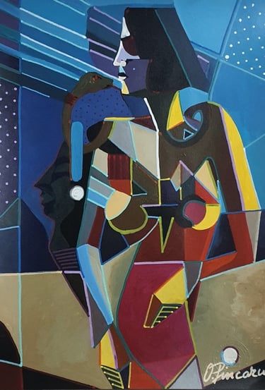 Kubistisch-figuratives Frauenprofil mit Halo vor Sternhimmel – Feminine Majestät I, 30×42 cm.